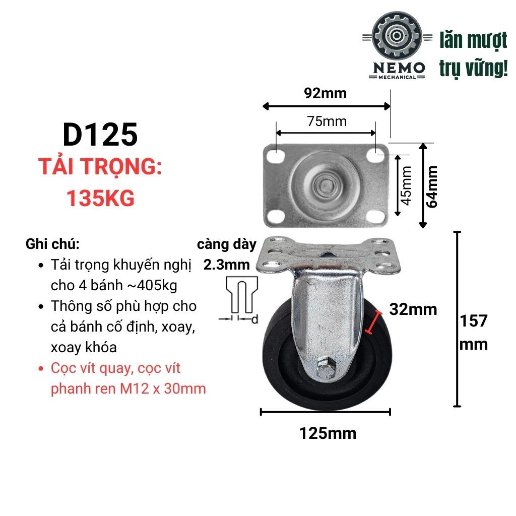Bánh xe chịu nhiệt, mặt bích & cọc vít M12, D75mm - D125mm, chịu nhiệt 280°C, tải 95-135kg